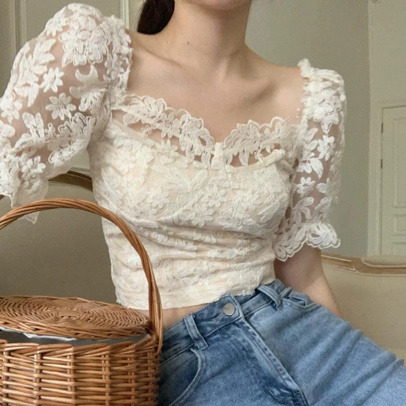 GIDYQ Vintage Slash Neck Lace Patchwork T Shirts Women Fashion Chic Square Collar Short Puff Sleeve Blouses Elegant Sweet Tops