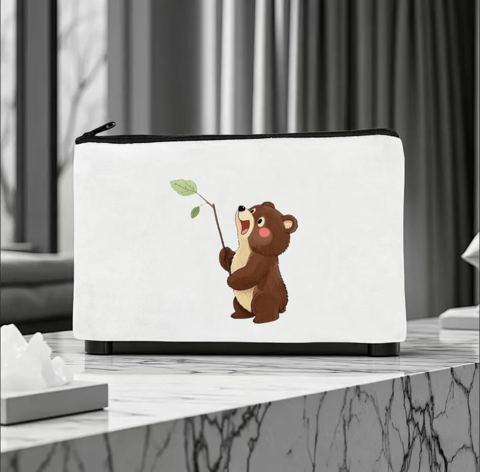 1PC Cute Brown Bear Holding Leaf Branch Cartoon Canvas Cosmetic Bag Double Sided Portable Travel Zipper Pouch