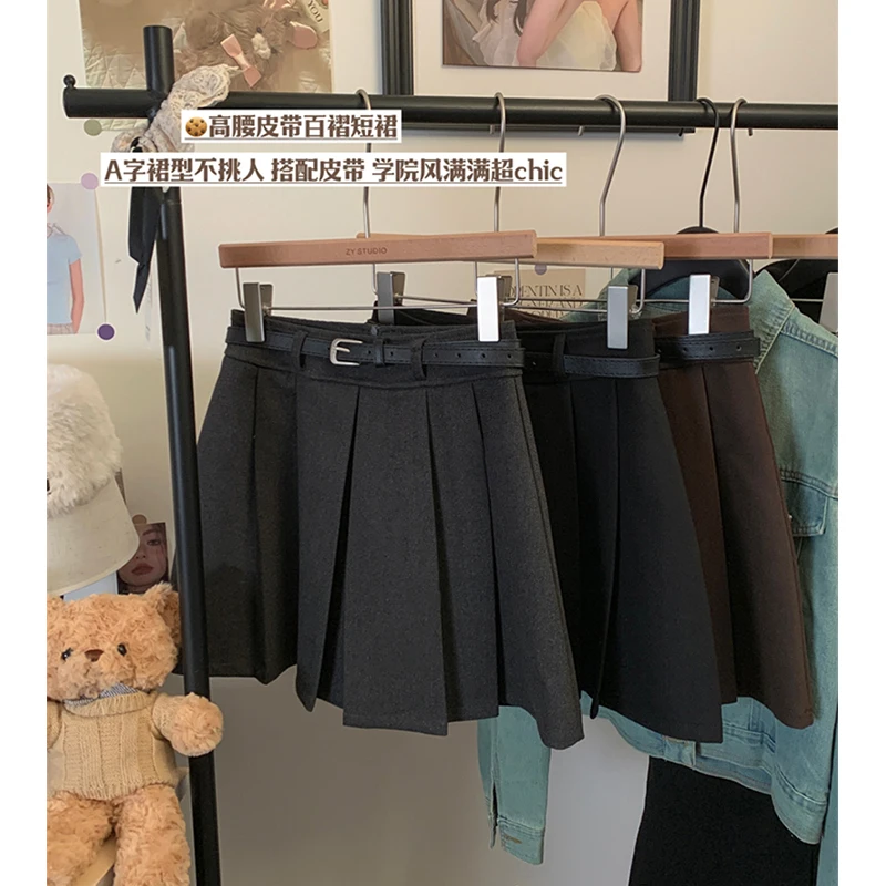 

MEXZT Streetwear Woolen Mini Skirt Women Fashion Harajuku with Belt Black Pleated Skirts Fall Winter Preppy Korean A Line Faldas