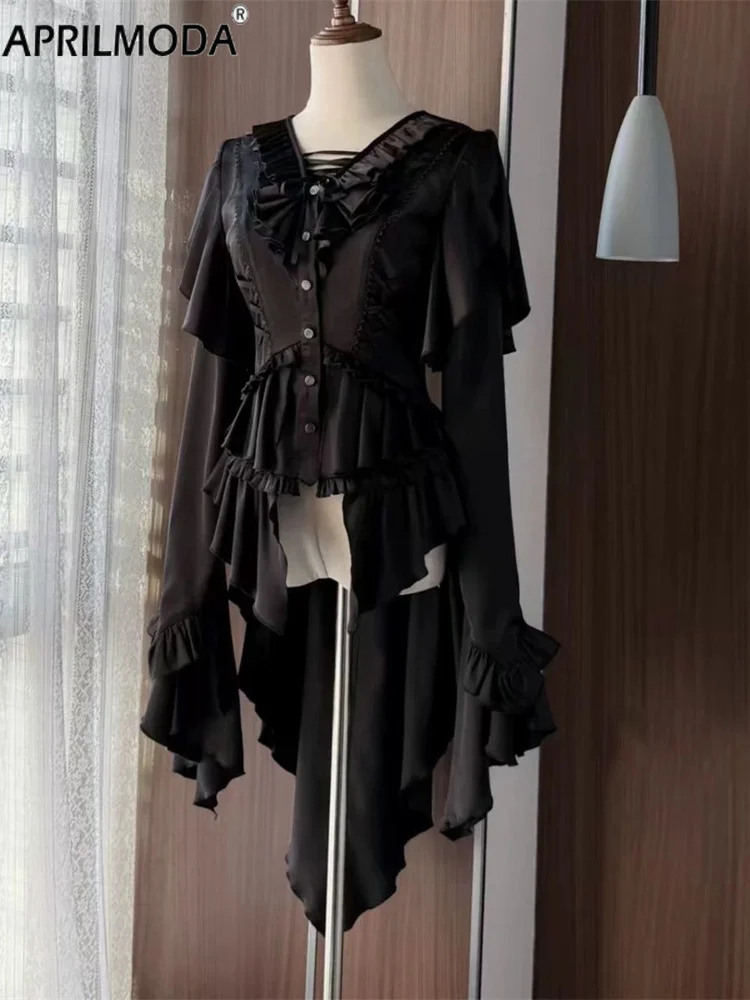 Camicia Steampunk giapponese vittoriana vintage Lolita Trailing Donna Camicette autunnali gotiche bianche nere Top retrò casual estetico