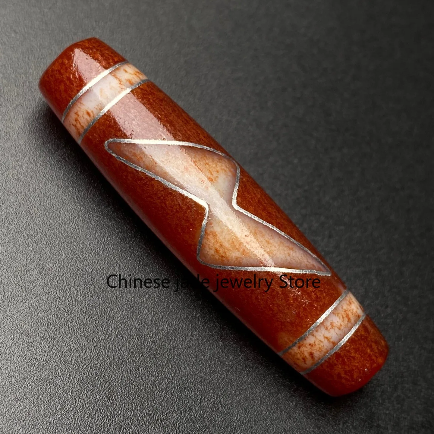 Tibetan Buddhism Agate Inlaid Silver Wire Lightning 5 Eye Dzi Bead Pendant G5073