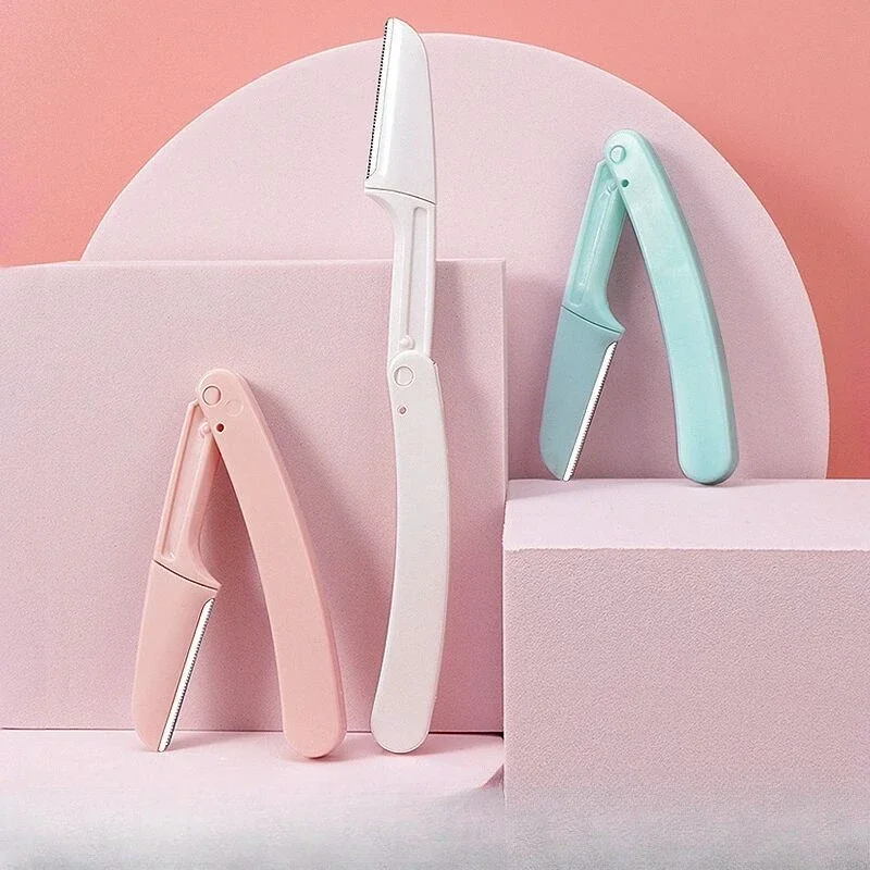 Ladies Safe Folding Eyebrow Trimmer Set 3pcs Anti Scratch Razor Face Shaver with Replaceable Blades Makeup Tools for Beginners