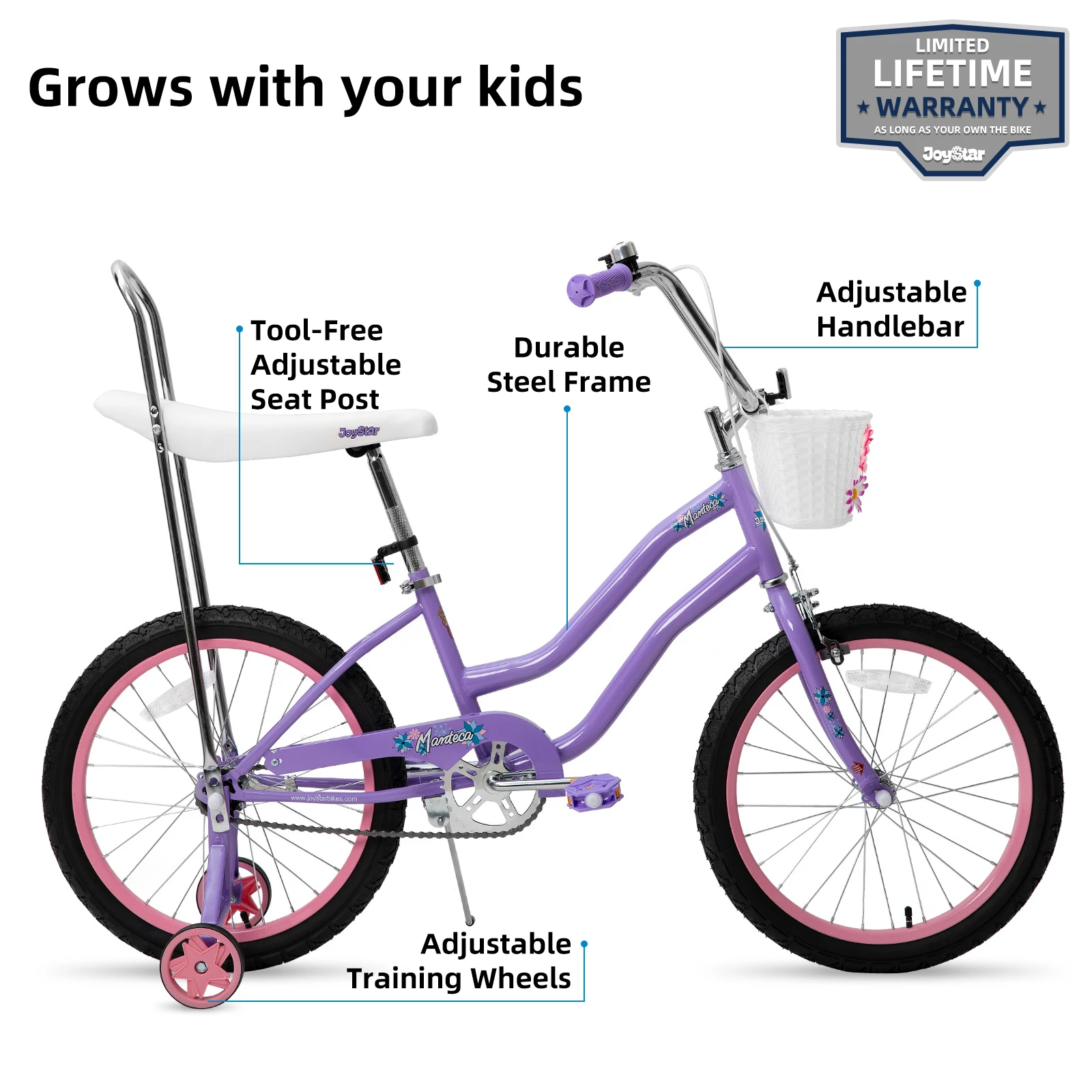 JOYSTAR 20-Zoll-Fahrrad mit Stützrädern, Bananensitzfahrrad für Mädchen im Alter von 7–12 Jahren, Fahrrad mit Handbremse, Rücktrittbremsen, Lila