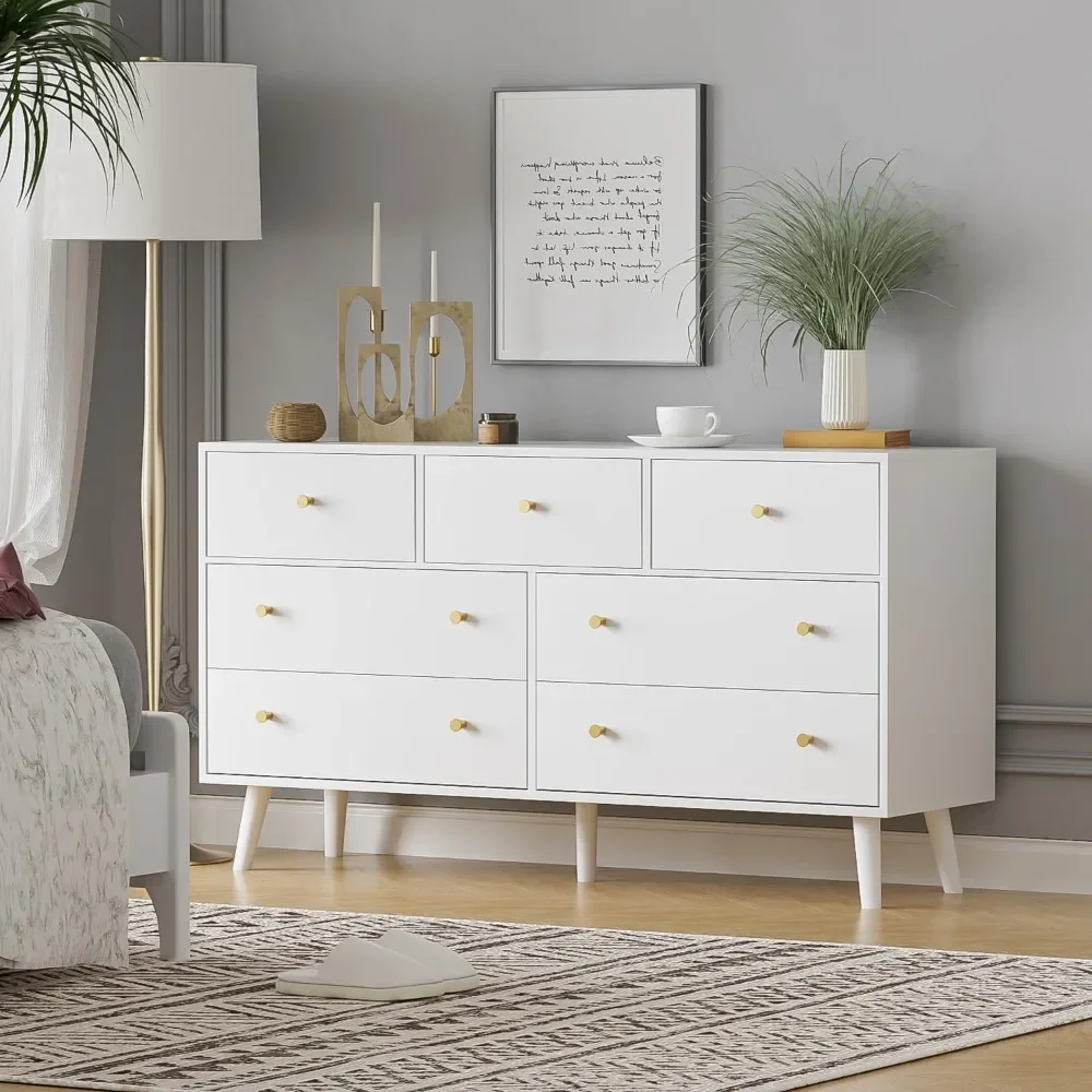 

7 Drawers Dresser for Bedroom, 55'' Dressers & Chests of Drawers with Gold Handles and 7 Large Drawer, Modern Double Wooden Stor