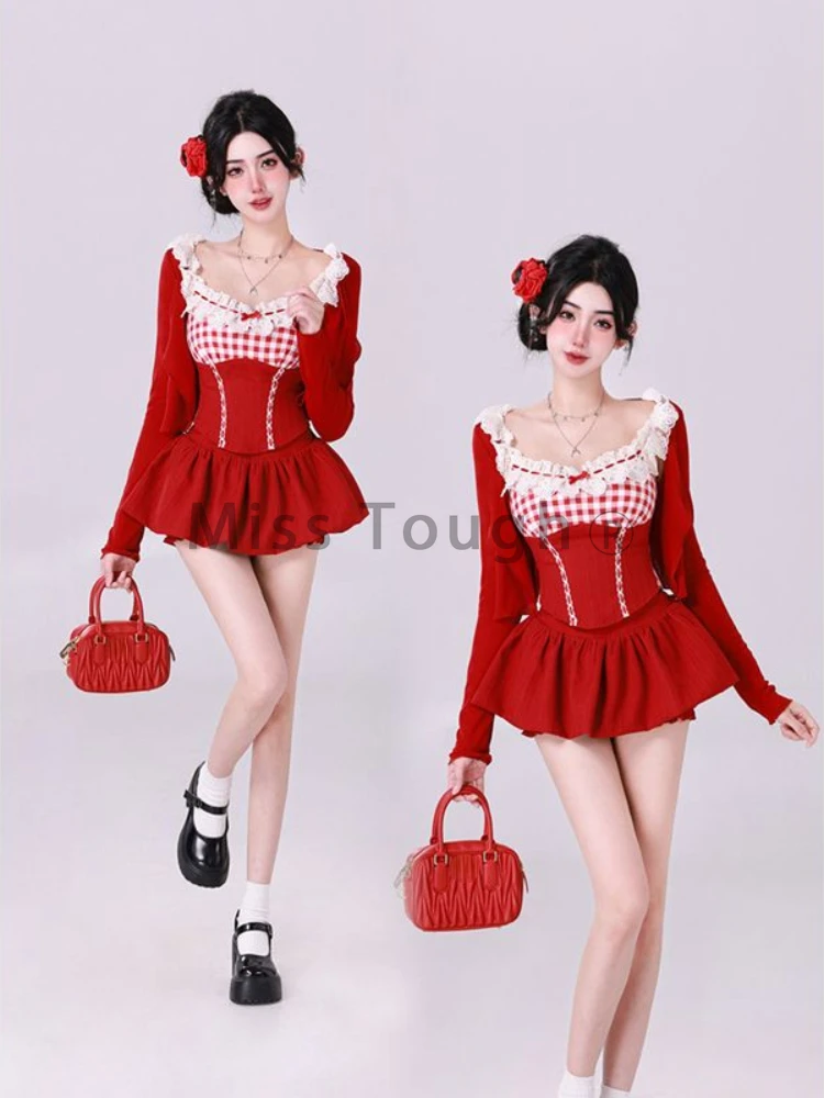 France Fashion Slim Sling Square Neck 2 Piece Set Women Kawaii Sweet Lace Plaid Patchwork Tops Female + High Waist Short Skirt