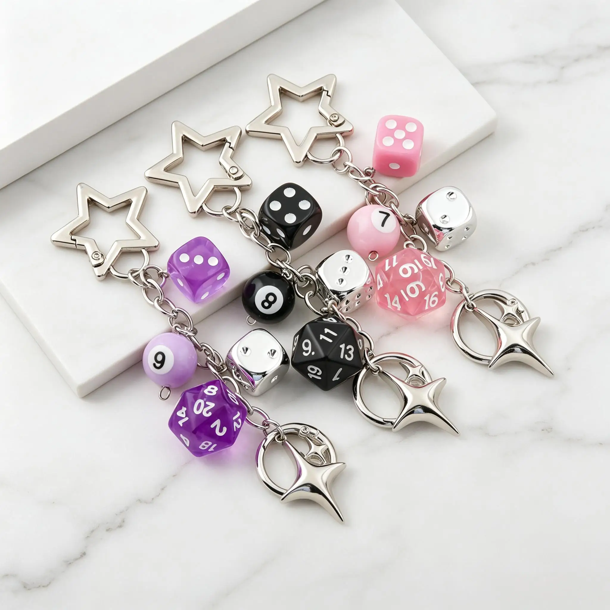 Dice Keychain Y2K Style Hip Hop Dice Star Bag Charm Fashion Backpack Handbag Billiard Accessory Car Keychain Women's Gift