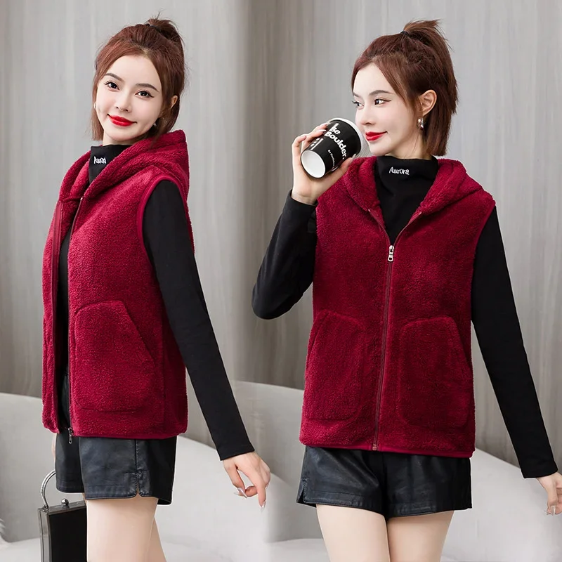 

Autumn Winter Women Coral Fleece Coat Hooded Sleeveless Jacket Tank Top Warm Shake Fleece Vest Female Waistcoat Chaleco Mujer