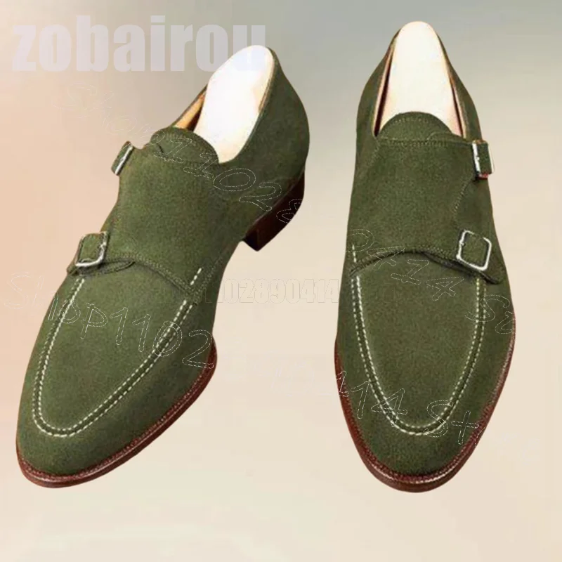 

Green Sewing Design Double Monk Buckle Loafers Fashion Slip On Men Shoes Luxury Handmade Party Banquet Dating Men Casual Shoes