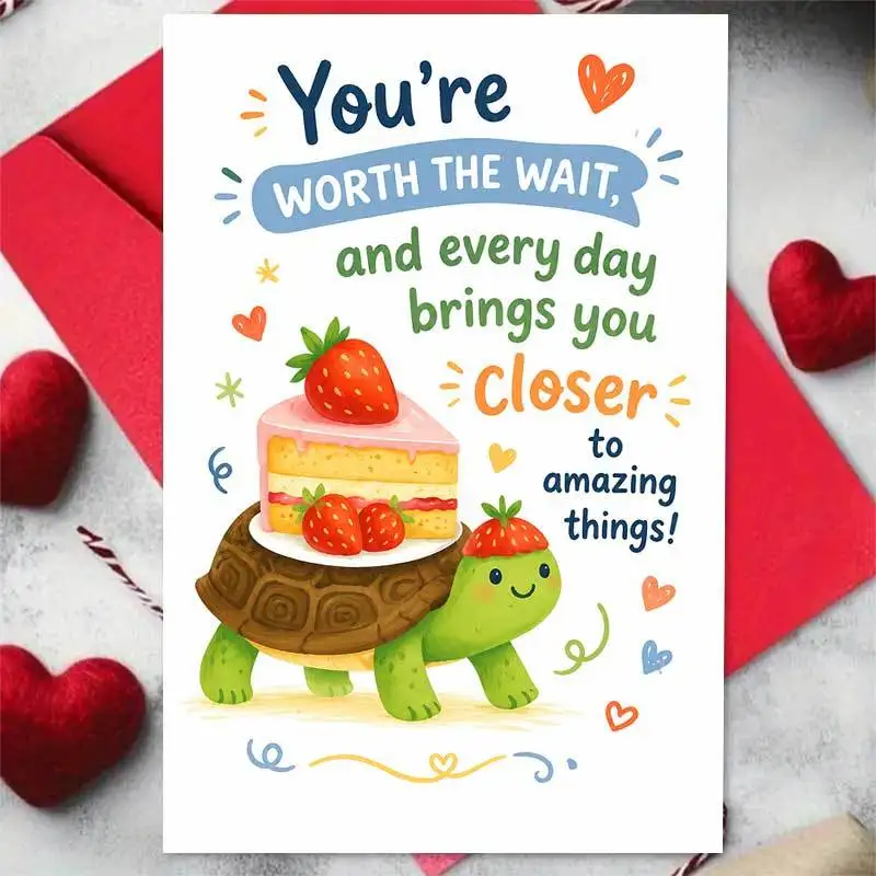 Cute birthday card, cute turtle carrying strawberry cake 