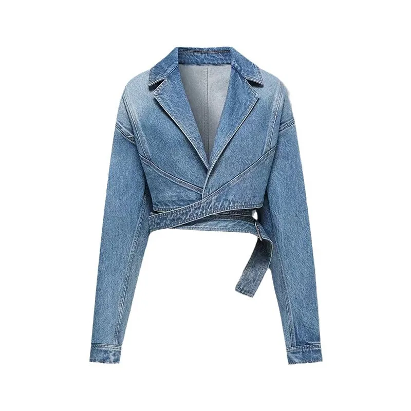 2024 vintage blue washed Hong Kong style denim jacket for early autumn, loose and unique design, high street short top