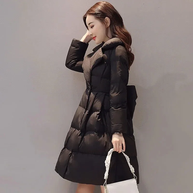 Bow Skirt Down Cotton-padded Jacket Women's Long Korean Version 2023 New Korean Princess Peng Skirt Winter Coat Women.