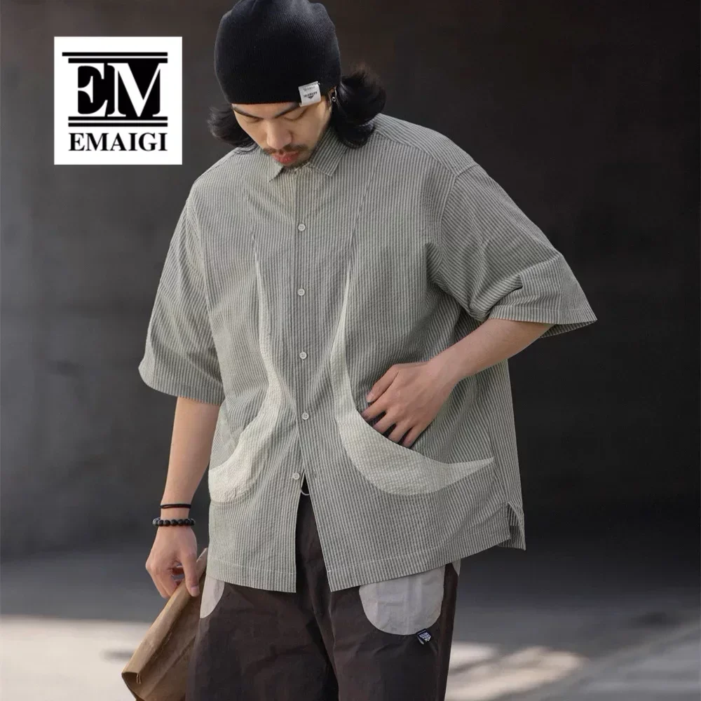 

Men Cityboy Seersucker Cotton Loose Casual Oversize Short Sleeve Cargo Shirts Japanese Korean Streetwear Vintage Shirt Blouses