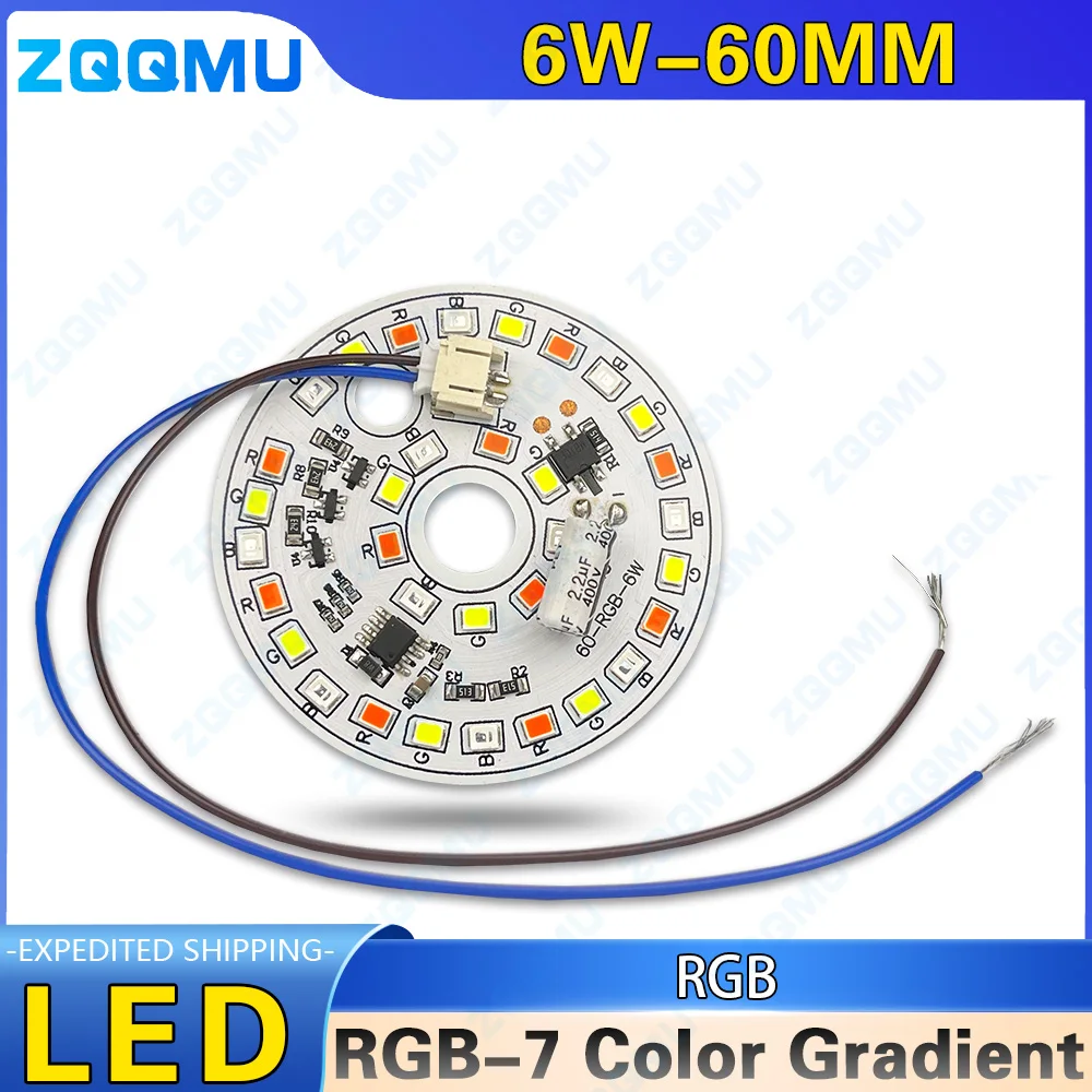 LED Light Board PCB Board Adequado para Lâmpadas DIY, contas de lâmpada, gradiente de cor, Driver-Free, SMD 2835, 6W, AC 220V, 60mm, RGB 7