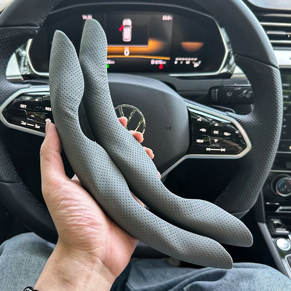 

2 PC All-Season Universal Anti-Slip Nappa Leather Car Steering Wheel Cover with Card Holder Slot