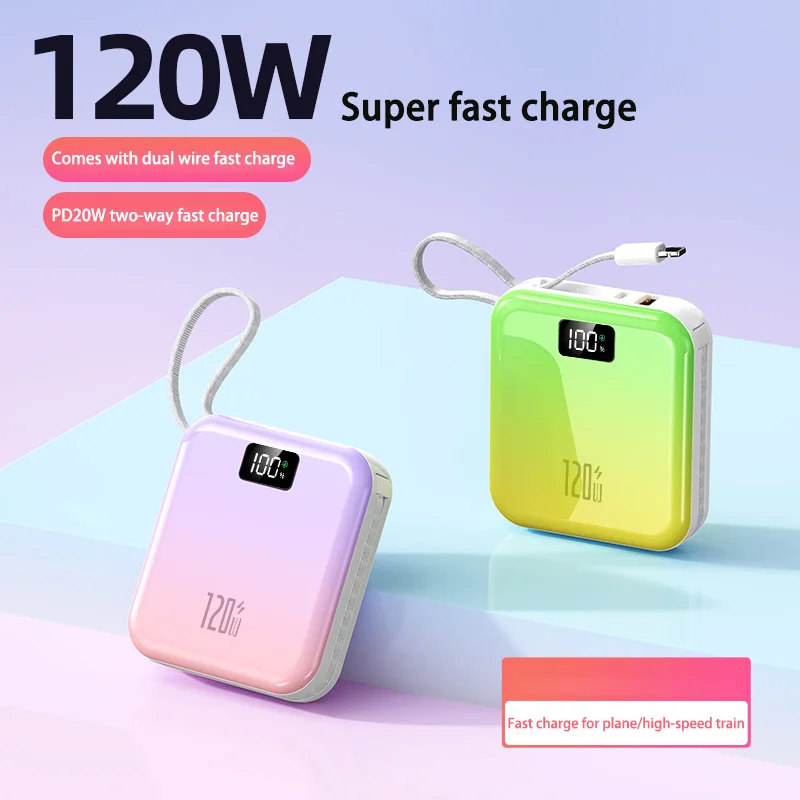 

Power Bank 50000mah Mini Portable Slim Built-in 2 Cable Super Fast Charging Gradient Color Mobile Power Bank For Iphone Xiaomi