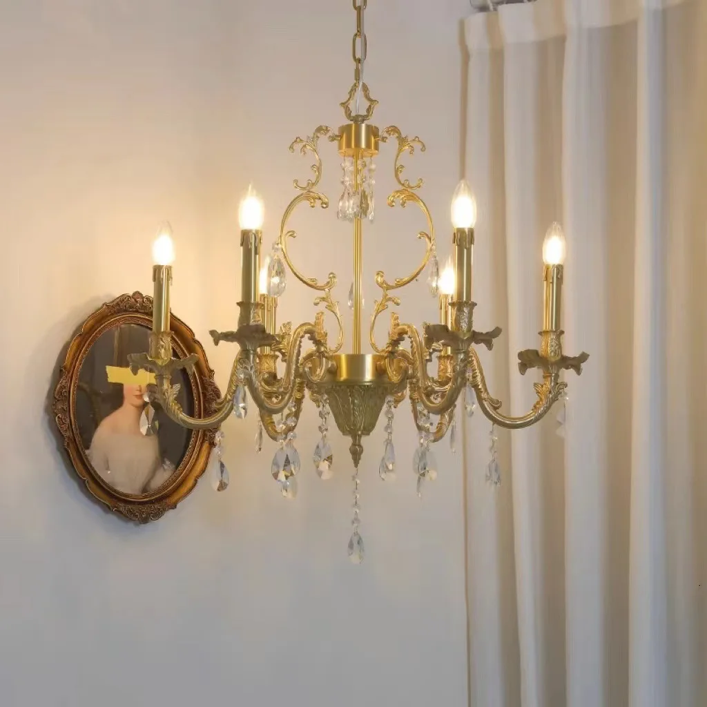 American retro living room vintage classic six-arm brass French vintage crystal chandelier