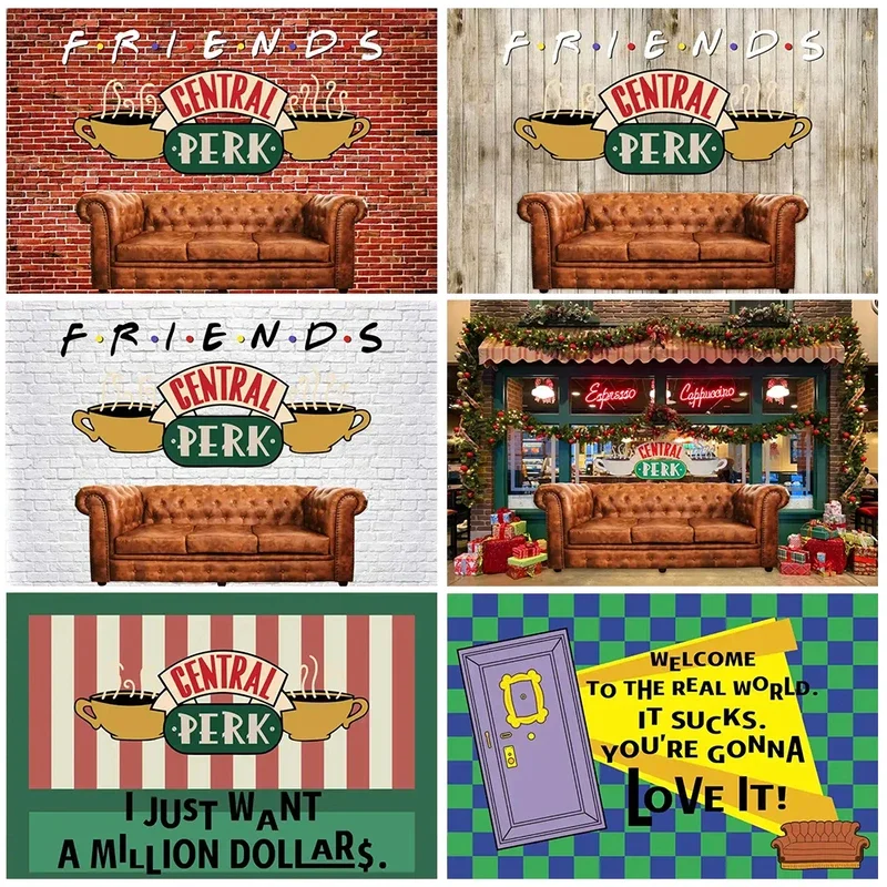 

White Red Brick Wall Tv Show Central Perk Friends Theme Party Backdrop Banner Retro Pub Brown Sofa Coffee Photography Background