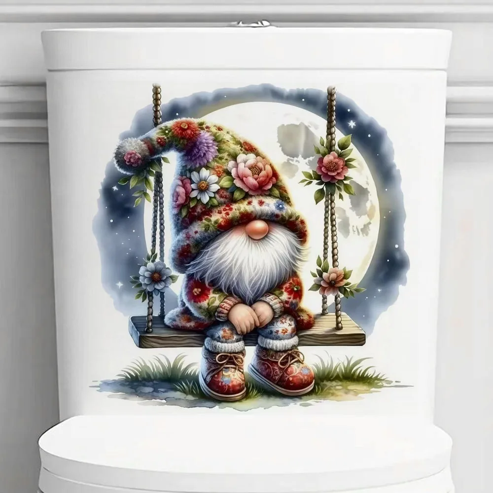 Gnome on Swing Under Moon Vinyl Stickers, Bright Wall for Home, Cabinet, Door,Refrigerator Decoration, Vinyl Car Decals
