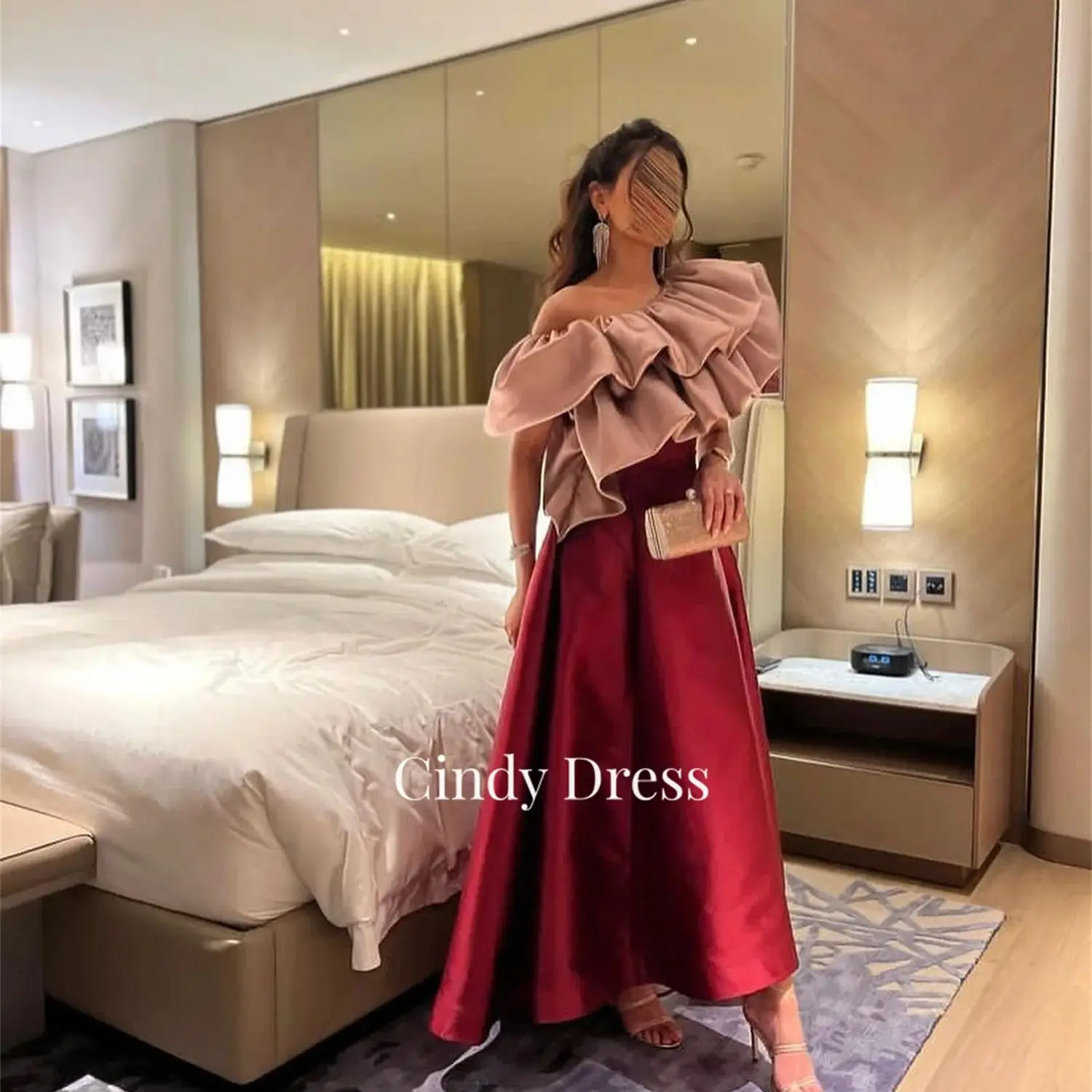 

Cindy Burgundy One Shoulder Satin A-Line Elegant Saudi Dresses for Prom Graduation Dress Gala Woman 2023 Party Quinceanera Long