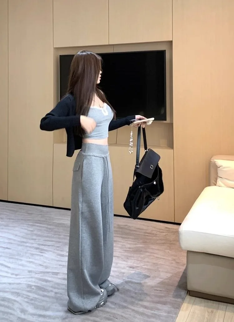 Damen-Sweatpants mit hoher Taille und geradem Bein, gerippter Bund, amerikanische Freizeitmode, weite Beine, angenehmes Tragegefühl, Sportmode – Detail 11