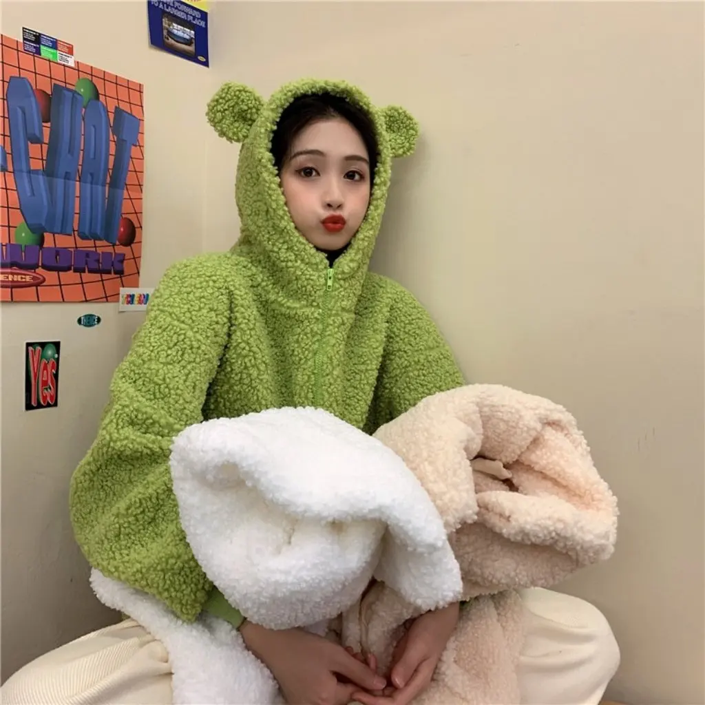 

Женская толстовка с медвежьими ушками, имитация ягненка, осенне-зимняя новая милая куртка в академическом стиле