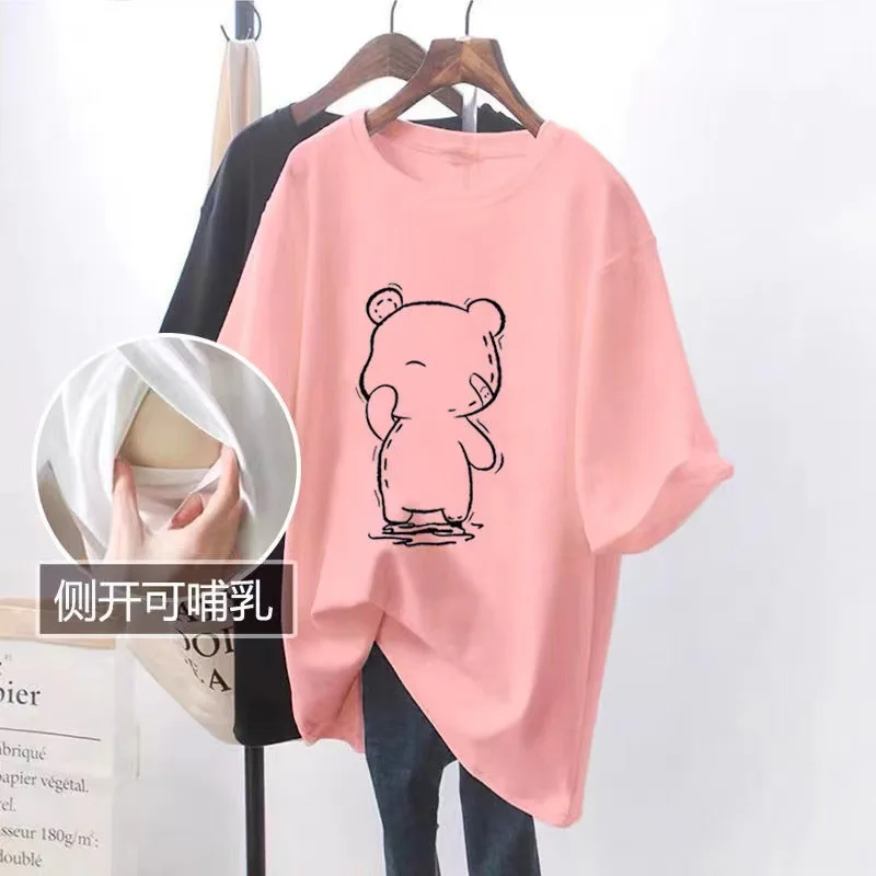 2023 Summer Short Sleeve Cotton Nursing T-shirt Fashion Print Maternal Woman Breastfeeding Clothes Lactation Top Tees pregnancy