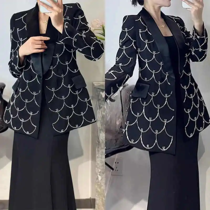 Elegant Women's Suit 1 Piece Spliced Bead Blazers Shawl Lapel Temperament Female Clothing Customized