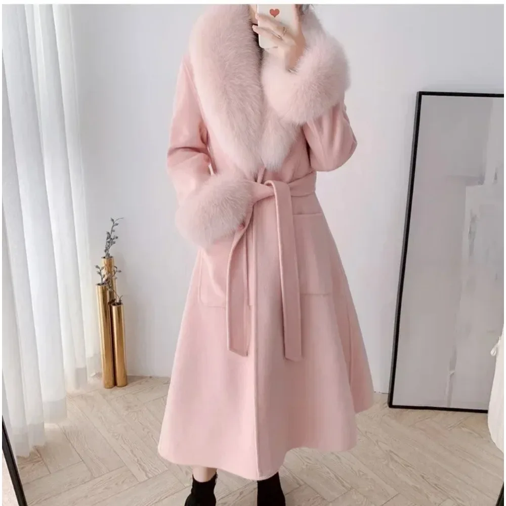 OFTBUY แคชเมียร์เสื้อขนสัตว์ 2024 ฤดูใบไม้ร่วงฤดูหนาวผู้หญิงสไตล์ฟ็อกซ์เสื้อขนสัตว์ใหญ่ขนสัตว์ยาวกระโปรงยาว Slim เสื้อยาว High Street