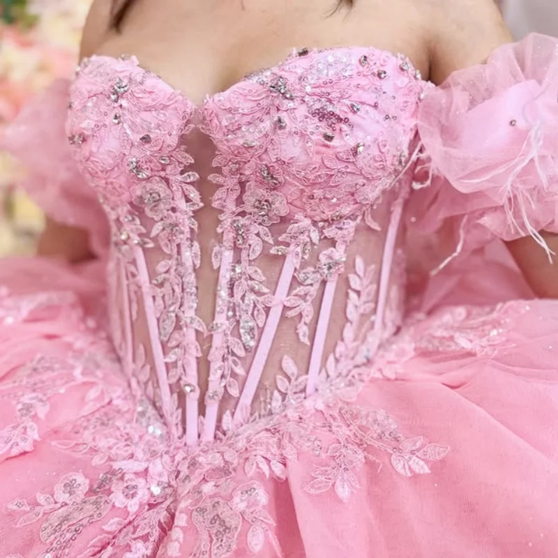 

Shiny Pink Quinceanera Dress off-shoulder crystal layering glitter flower decal Tull Bow vestidos de 15 Quinceanera ﻿Customized