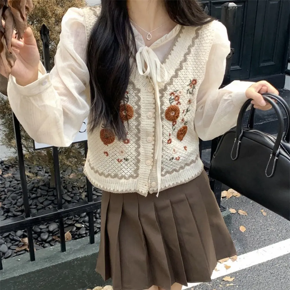 Outerwear National Style Knitted Vest Flower Loose Knitted Sweater Vest Casual Sleeveless V-neck Sweater Girls