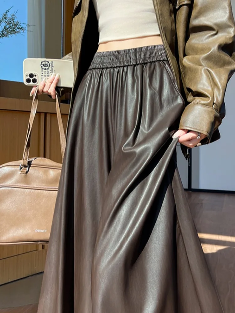 

Винтажные коричневые кожаные брюки женские, свободные, прямого кроя, широкие штанины, весна-осень, новый стиль, из искусственной кожи, с высокой талией, удобные