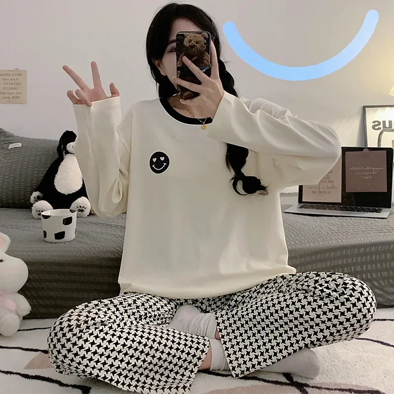 Women's Pajamas Long Sleeve Cotton Sleepwear Casual Sweet Home Clothes Set for Women in Spring Autumn and Winter