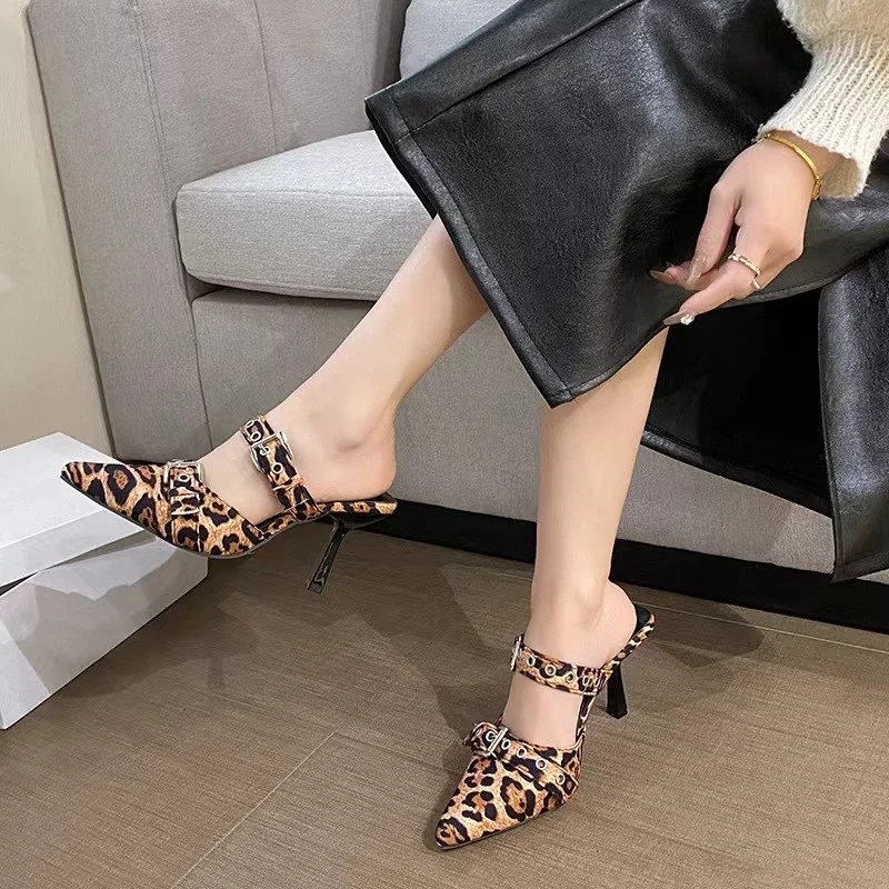 Women's High Heels 2024 Summer Slim Toe High Heels Outdoor High-quality Women's Shoes Leopard Print Buckle Sexy Women's Slippers