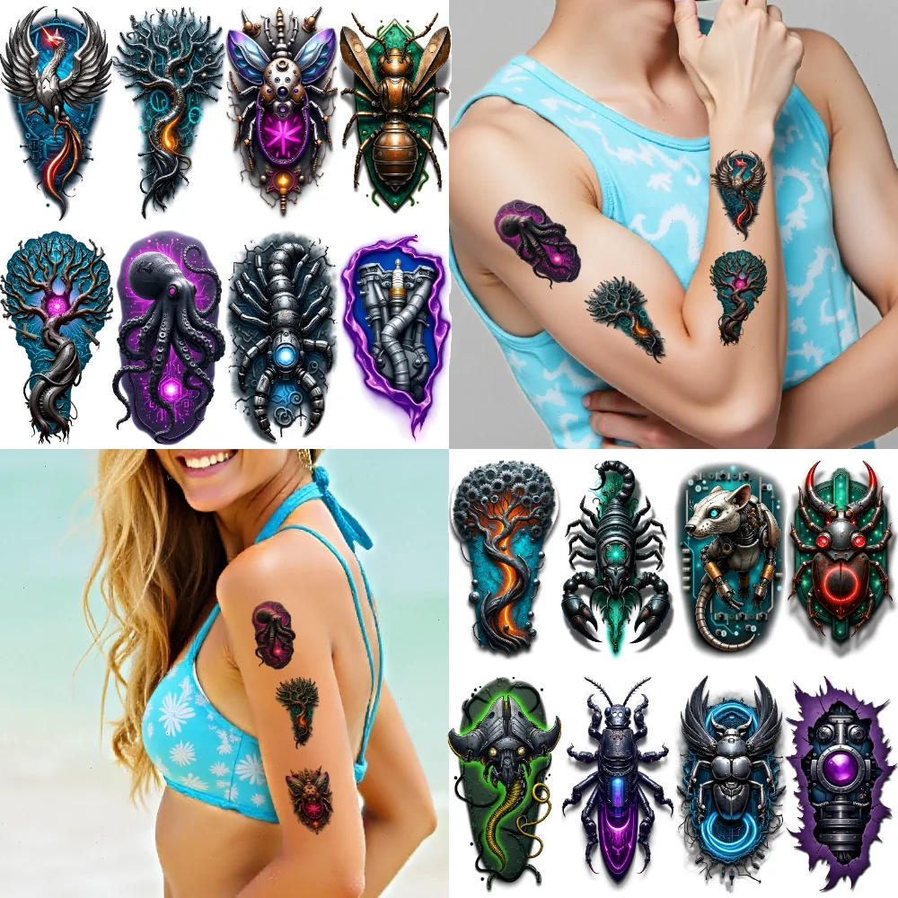 

9 шт., временные татуировки, роботизированные муравьи, водонепроницаемые, долговечные наклейки для тела, скарабей Феникс, реалистичные временные татуировки для рук