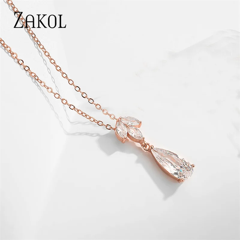 ZAKOL Shinny Water Drop Cubic Zirconia Pendants Necklace for Women Teardrop Crystal Clavicle Chain Bridal Wedding Party Jewelry