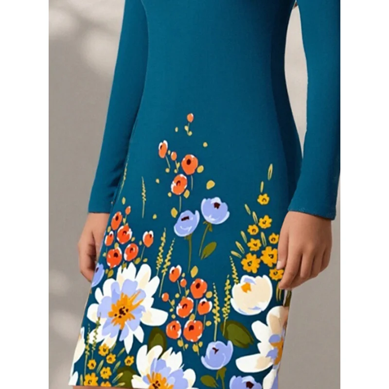 Robe à manches longues bleu paon pour filles, avec imprimés floraux colorés, coupe cintrée, Style artistique, 2025