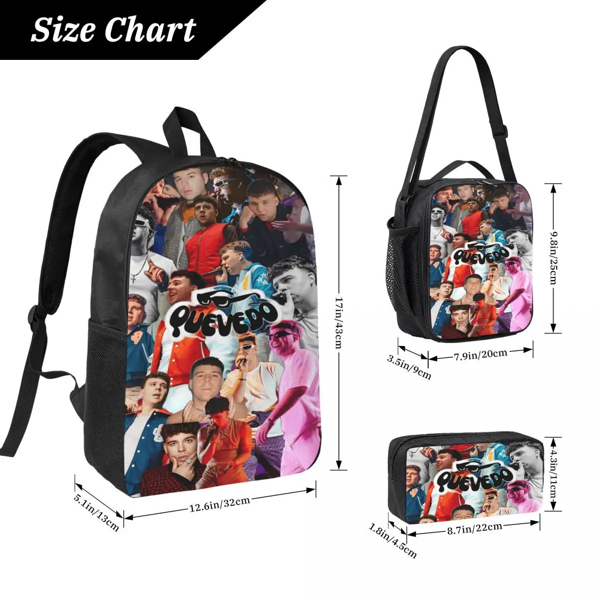 3Pcs Quevedo Singer Cool Rapper Backpack Set for Kids Pencil Boxes Bookbag Sets with Lunch Box For School Students Knapsack