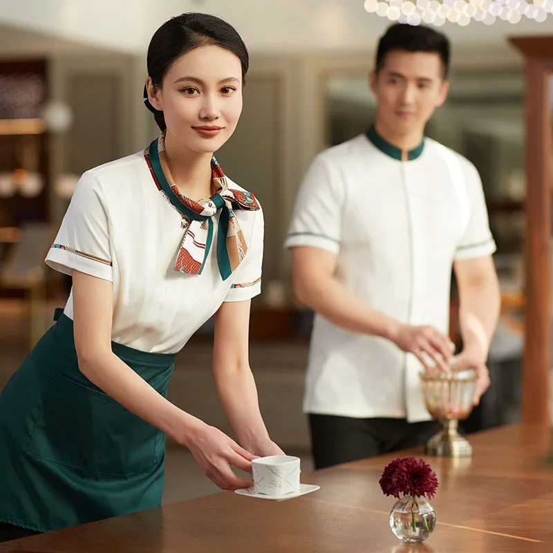 

Restaurant Waiter Work Uniform for Women Summer Chinese Style Hotel Hot Pot Catering Restaurant Farmhouse Front Desk Short Sleev