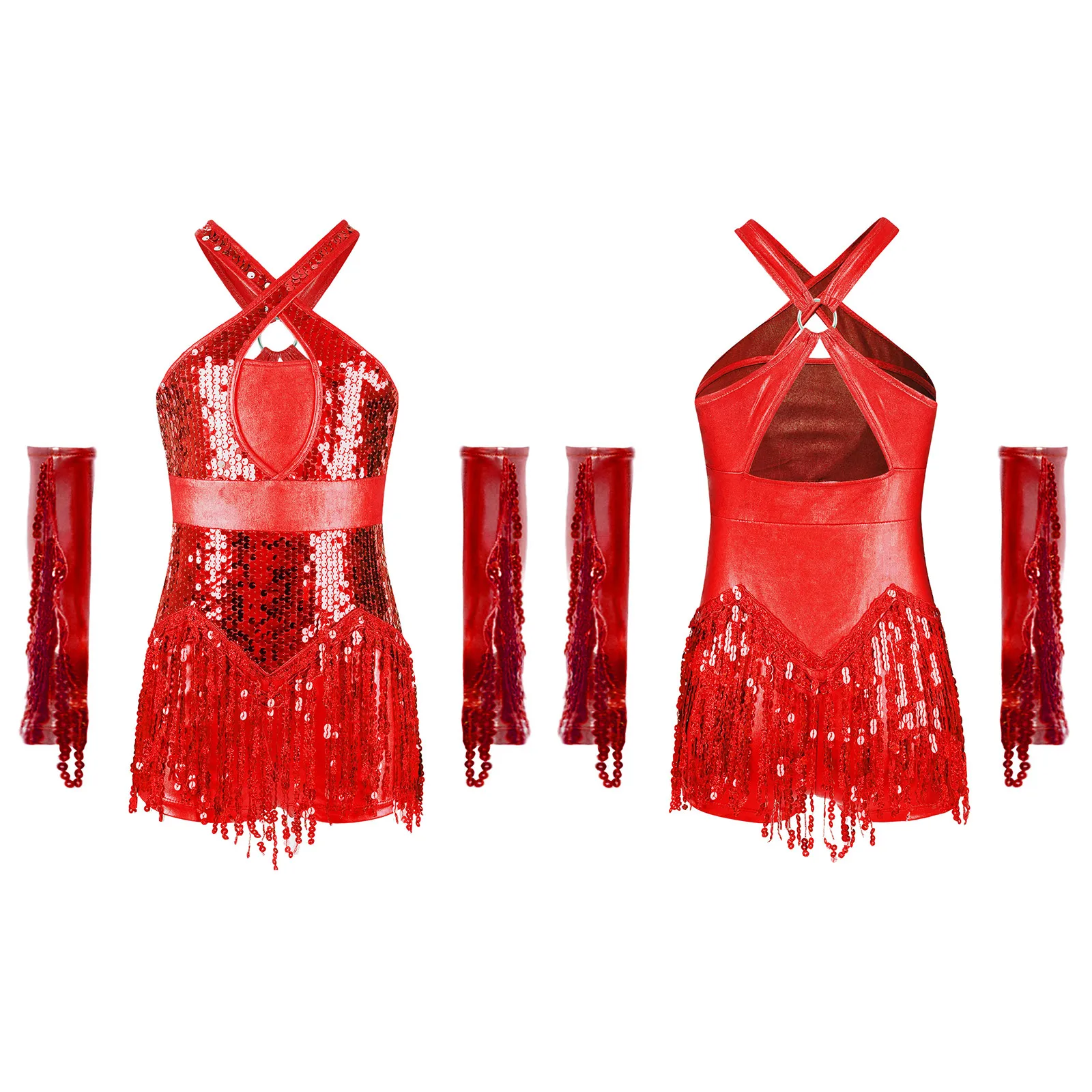 キッズガール体操ラテンジャズダンス衣装フィギュアスケートチャチャダンスパフォーマンスセットスパンコールタッセルレオタード+手袋セット