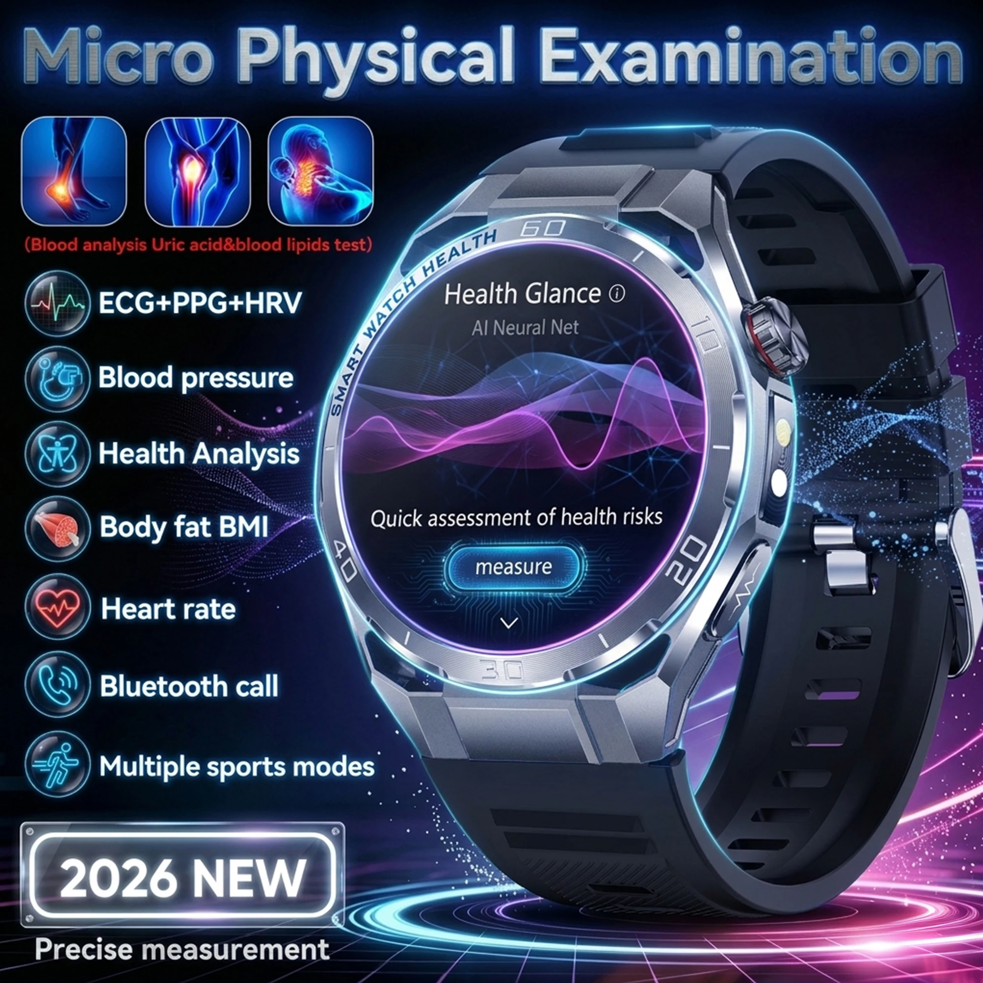 2026 New Accurate Analysis Health Smart Watch Men ECG+PPG Uric acid BP Body Fat Heart Rate HD AMOLED Screen BT Call Smartwatch ﻿