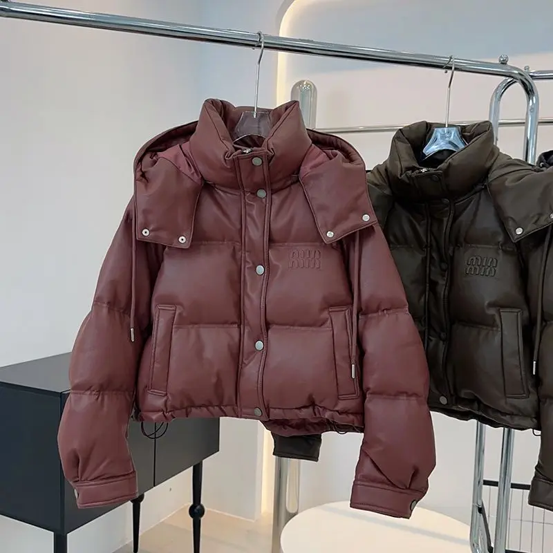 

Корейская короткая хлопковая куртка в модном стиле для женщин, с капюшоном, из искусственной кожи, утепленная, с длинными рукавами, на молнии