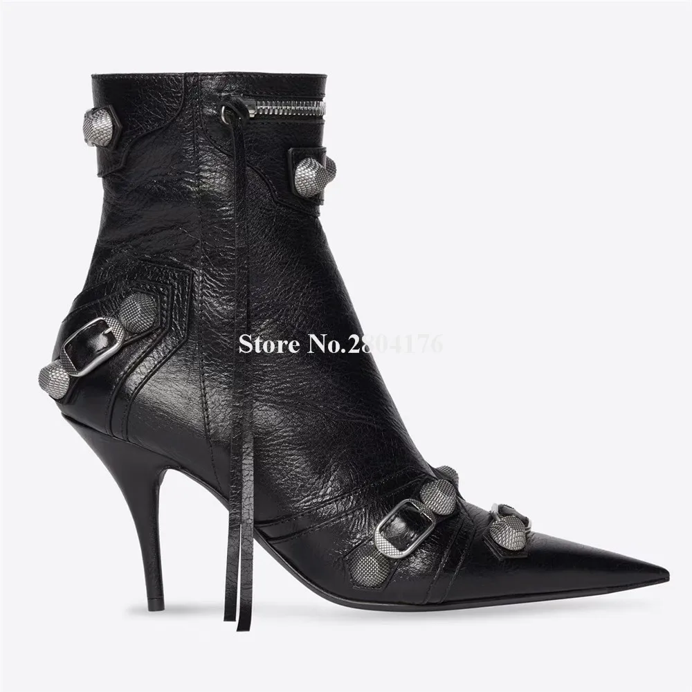 

Newest Women Metal Buckles Short Boots Sexy Pointed Black Pink White Matte Leather Zipper Decorated High Heel Ankle Booties