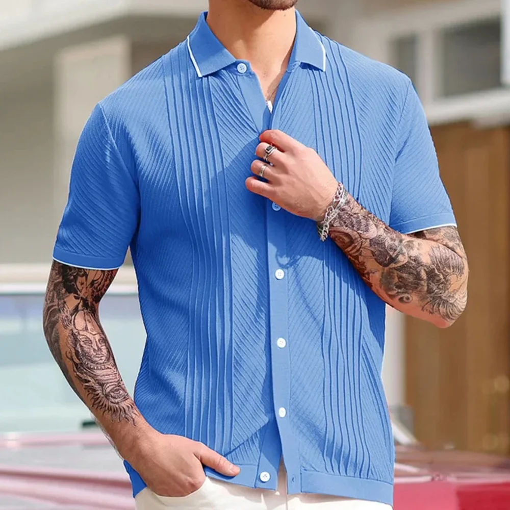 Rockabilly Shirts for Men Button Down Knit Vintage Polo Shirts Men's Short Sleeve Polo Shirt Business Cardigan Casual Streetwear