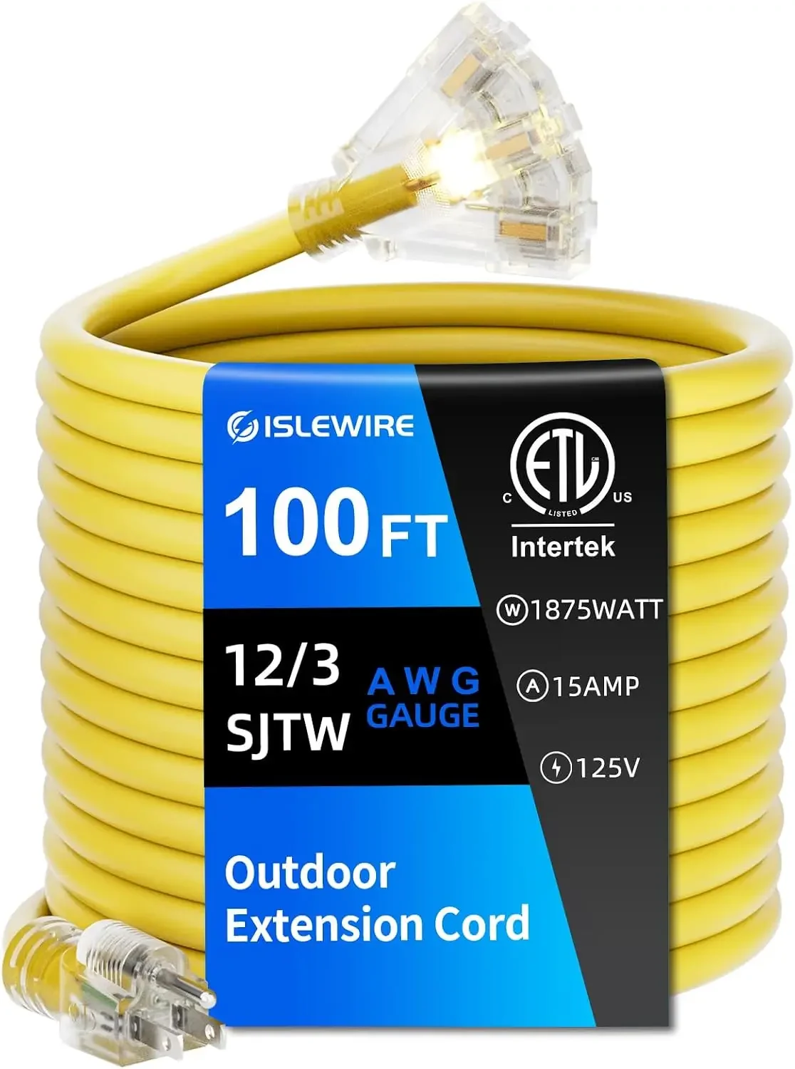 100 FT Outdoor Extension Cord with Multiple Outlets, 12 Gauge Heavy Duty Yellow Extension Cord Waterproof with 3 Outlet, 3