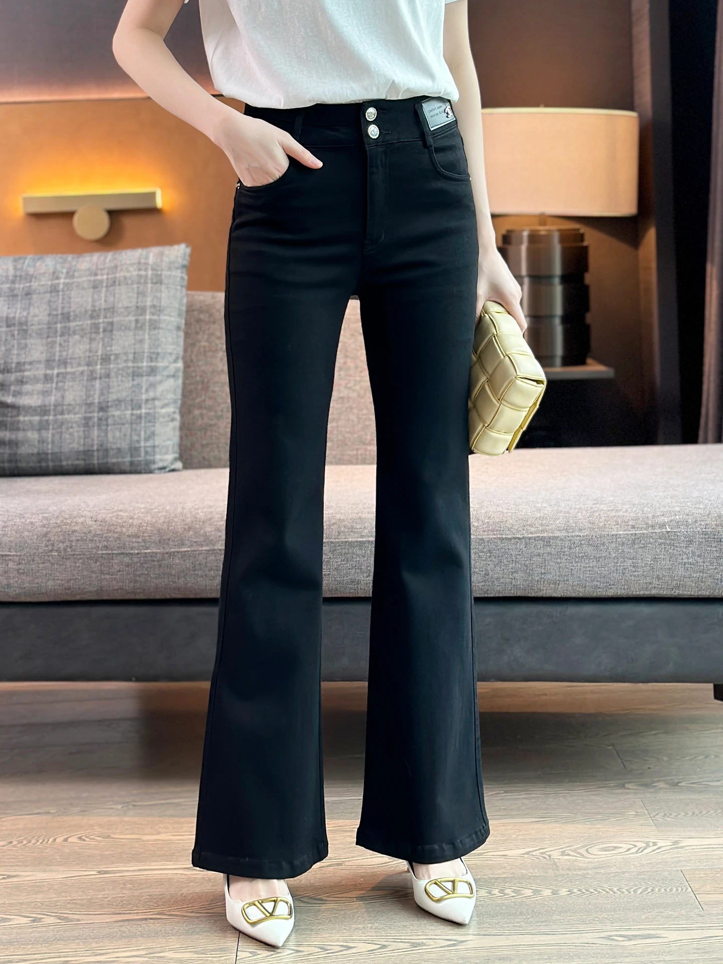 

ZuoZuoJia High Waist Slim Fit Casual Black Denim Jeans Bell Bottoms Stretch Cotton Pants Daily Wear Spring Season Ladies