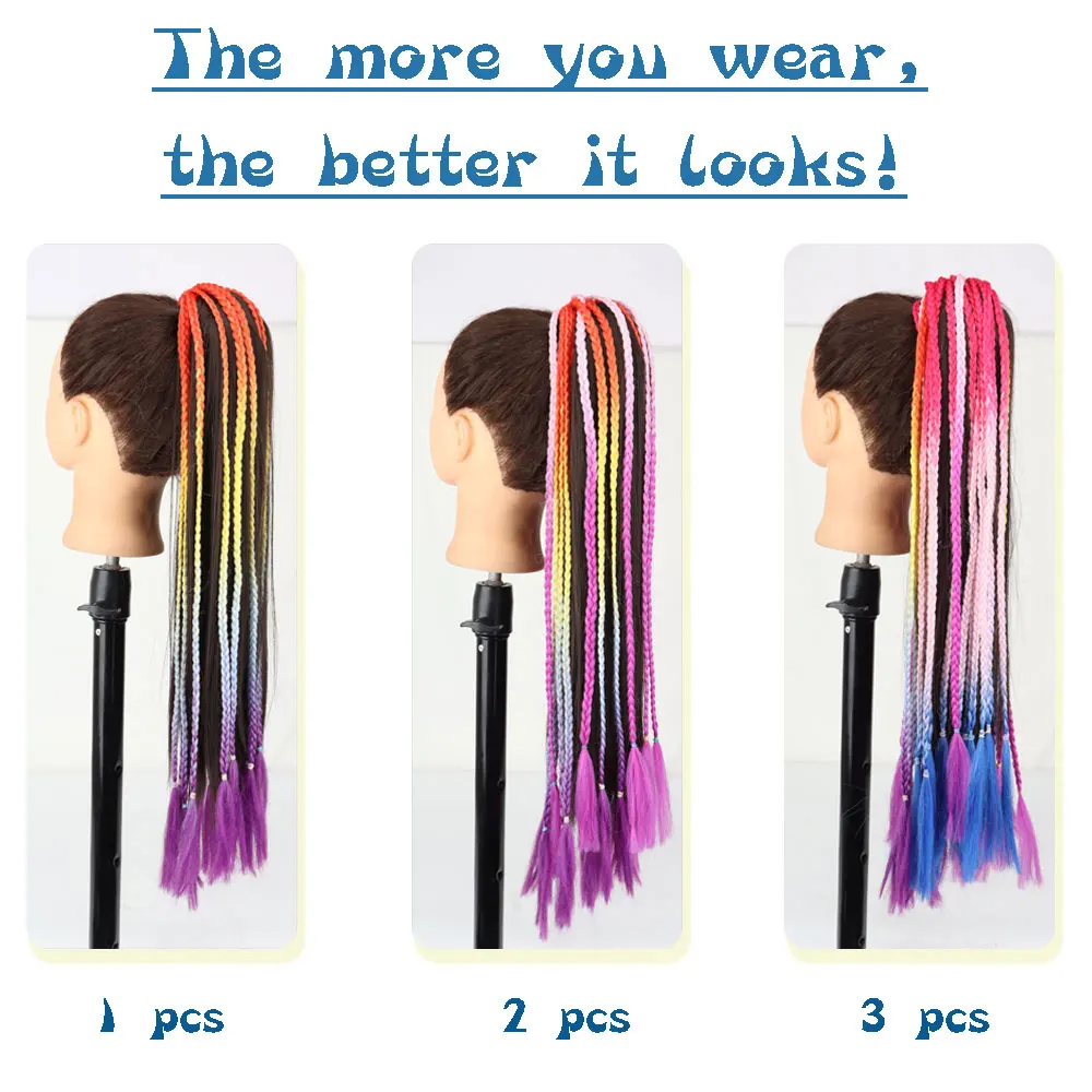 AZQUEEN-Extensão Do Cabelo De Rabo De Cavalo Trançado Colorido Sintético, Tranças Coloridas Do Arco-Íris, Cauda De Pônei com Elástico, Pigtail Da Menina