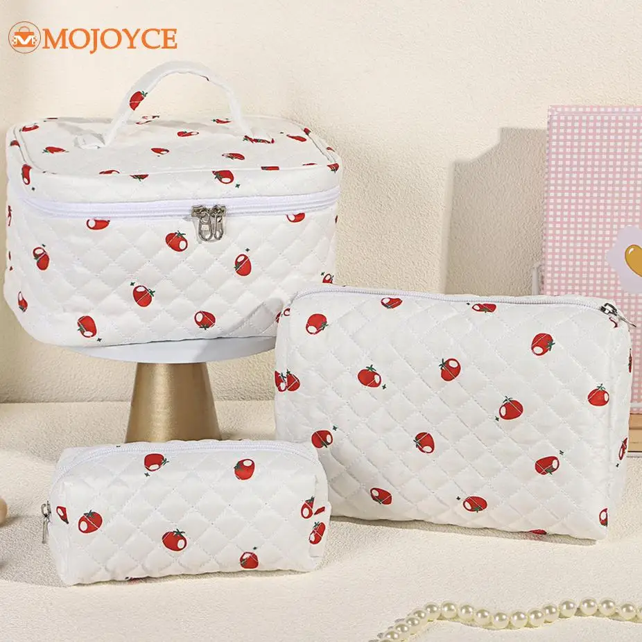 3Pcs Floral Pattern Makeup Pouch Quilted Cotton Women Cosmetic Bag Large Capacity Travel Toiletry Bag Portable Storage Wash Bags