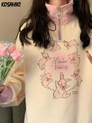 Sudadera con capucha para mujer, ropa de calle con estampado de dibujos animados, jerséis Kawaii con cremallera, jerséis de Color de contraste, Tops Y2K para mujer, 2024