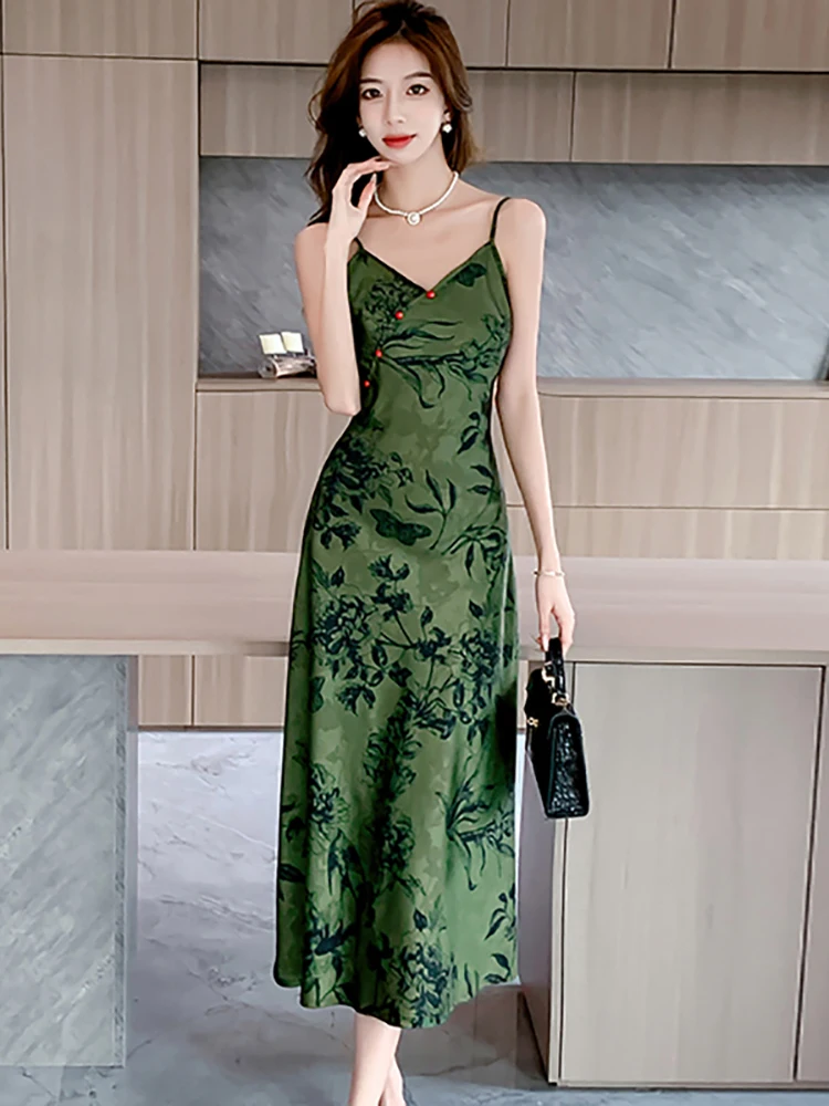 Women Green Floral Chic V-Neck Sexy Sling Long Dress 2024 New Satin Luxury Party Evening Dress Summer Korean Elegant Prom Dress