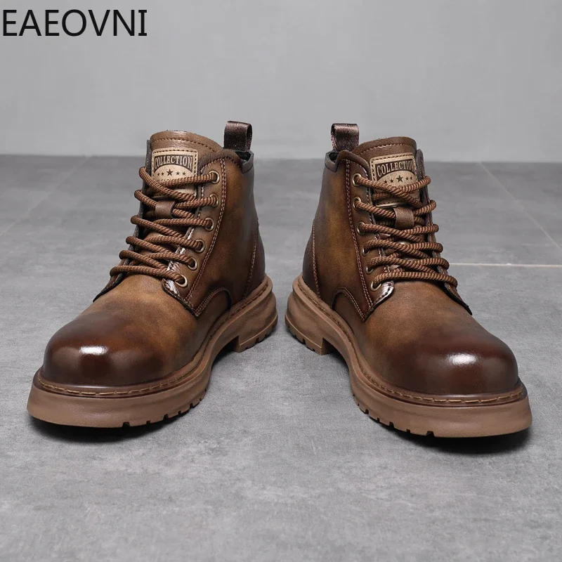 Men's Winter Boots Mens Boot Round Toe Lace-up Man Shoes Trendy All-match Lightweight Thick Bottom EAEOVNI New Style Male Shoe